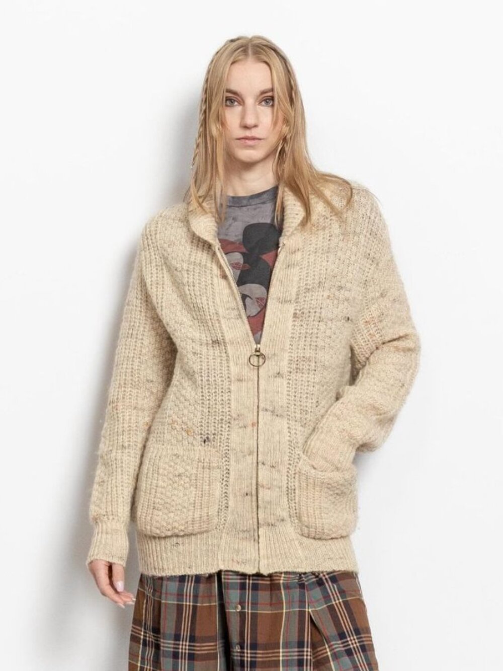 IRISH WOOL CARDIGAN Vintage Fisherman Cream Cable Knit Crew Neck Sweater Medium